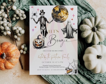 Let's boogie halloween disco party invitation template, skeleton dance party invite, editable halloween invite, halloween birthday, P147