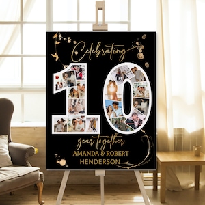 10th year together anniversary photo collage, editable photo collage sign template, printable wedding anniversary board, welcome sign, P99
