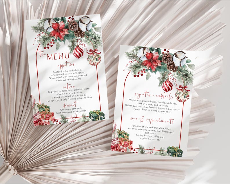 May include: Two rectangular menu cards featuring a Christmas theme with watercolor illustrations of poinsettias, pine branches, pinecones, red and white ornaments, and gift boxes. The text includes "the MENU", "appetizer", "entree", "dessert", "signature cocktails", and "wine & refreshments".