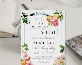 La dolce vita birthday invitation template, Italian dinner party invite, citrus birthday, editable birthday invite, hand drawn invite, P294