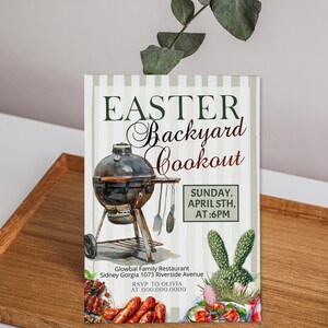 May include: Easter Backyard Cookout invitation with a charcoal grill illustration. The invitation includes the date, time, and location details. A watercolor illustration of a bunny and food is also featured.