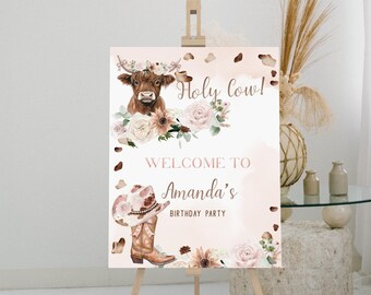 Holy Cow Birthday Welcome Sign, Pink Cowgirl Poster, Girl Barnyard Party, Farm Animal Sign, Editable Template, P264