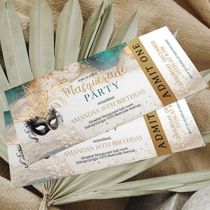 Masquerade birthday party ticket invitation, sweet 16 masquerade ticket, editable birthday party invitation template, any age invite, P56