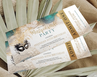 Masquerade birthday party ticket invitation, sweet 16 masquerade ticket, editable birthday party invitation template, any age invite, P56