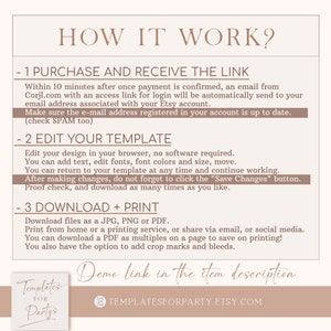 May include: A beige graphic with the text "HOW IT WORK?" and instructions for purchasing, editing, and printing templates. The image includes the Etsy shop's logo and website address. The text is in a serif font.
