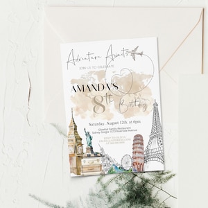 Around the world birthday invitation template, travel birthday invite, adventure party invite, editable 8th birthday invite, any age, P129