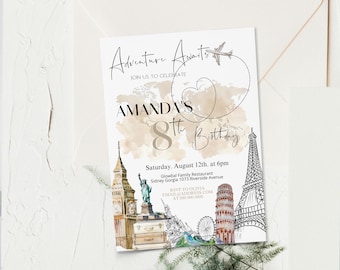 Around the world birthday invitation template, travel birthday invite, adventure party invite, editable 8th birthday invite, any age, P129