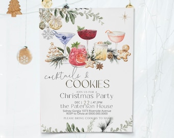Cocktail and cookies party invitation template, christmas cookie party invitation, editable holiday party invite, festive cocktails,  P195