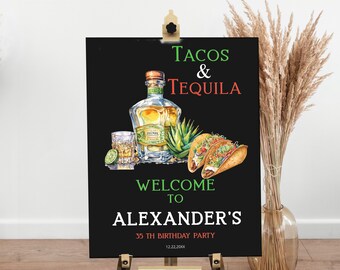 Tacos and tequila birthday welcome sign, 35th birthday party, any age, editable birthday welcome sign template, mexican fiesta sign, P198