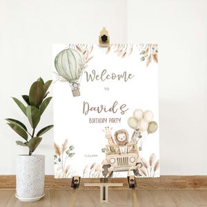 Adventure safari safari birthday welcome sign template, editable jungle 1st birthday sign, wild animals theme, safari party decor, P260