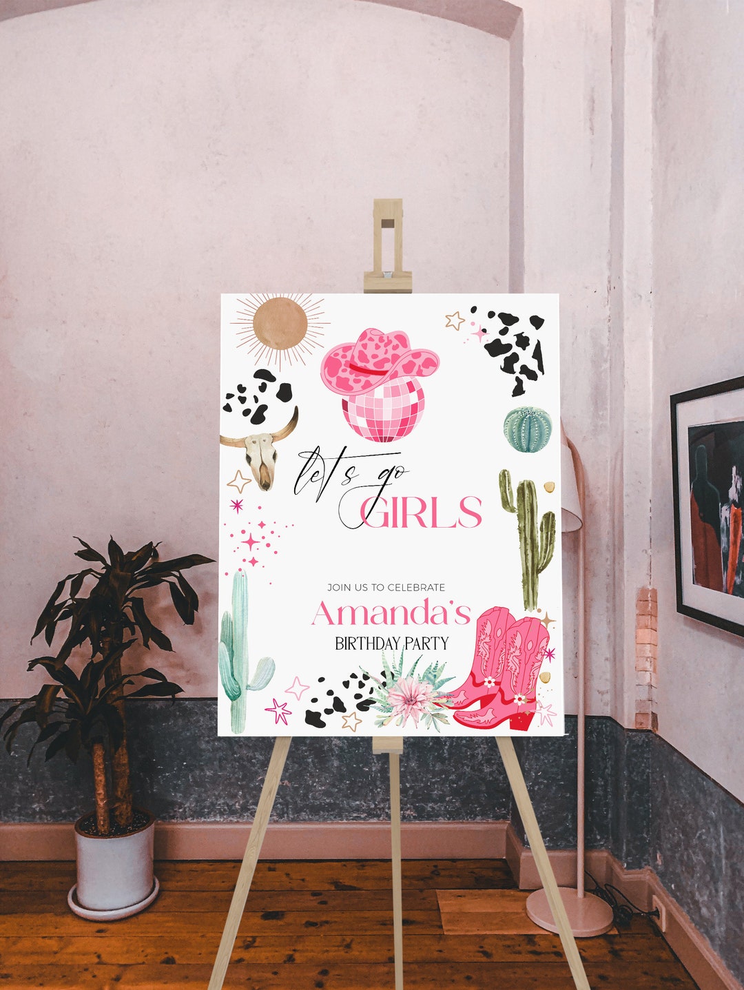 Let’s Go Girls Birthday Welcome Sign, Pink Disco Cowgirl Poster, Wild ...