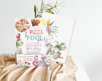 Pizza Pool Party Invitation, Pizza Birthday Invite, Editable 11th Birthday Invitation Template, P123