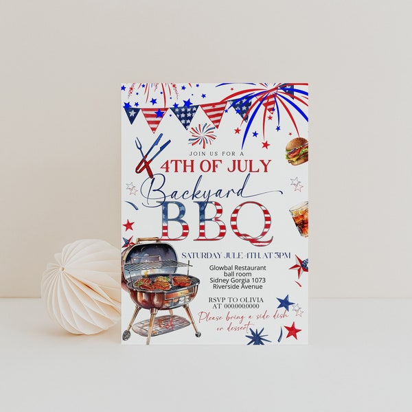 4th of july invitation template, editable 4th july backyard bbq party invite, independence invite, independence day barbeque invitation P110