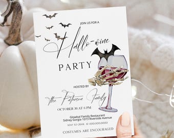 Hallo-wine party invitation template, wine tasting party Invite, editable halloween wine invite, adult birthday, witch party invite, P161