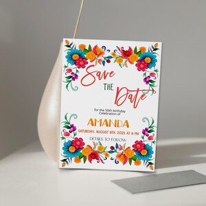 May include: Save the Date card with a colorful floral border. The text reads "Save the Date for the 50th birthday celebration of Amanda. Saturday, August 8th, 202X at 6 PM. Details to follow."