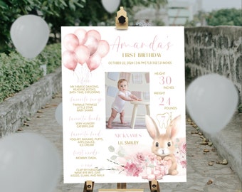 Bunny milestone photo sign, editable pink milestone 1st birthday sign, printable rabbit party poster,  baby's first year poster template P84