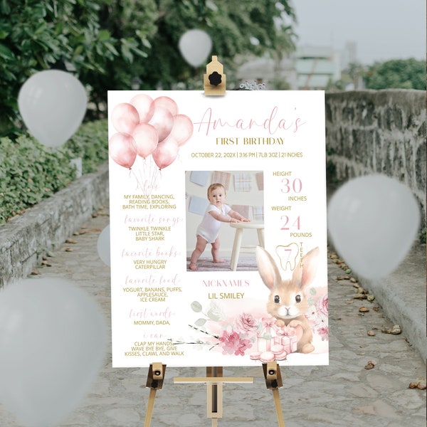 Bunny milestone photo sign, editable pink milestone 1st birthday sign, printable rabbit party poster,  baby's first year poster template P84