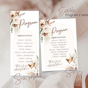 Pampas grass program card template, editable floral program card, flowers program card, birthday party program card, birthday program, P94