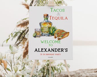 Tacos and tequila birthday welcome sign, mexican fiesta sign, 35th birthday party, any age, editable birthday welcome sign template, P198