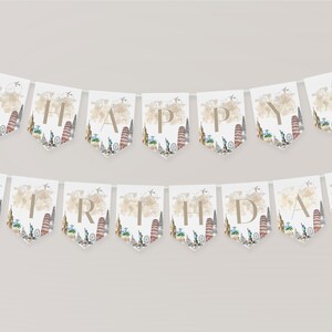 May include: A white and gold banner with the words "Happy Birthday" in gold letters. Each letter is on a separate flag with a watercolor illustration of landmarks from around the world.