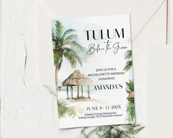 Bachelorette weekend invitation template, tulum before the groom, tulum mexico bachelorette, tropical party, editable invite, palm tree P268