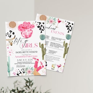 Let&#39;s go girls bachelorette weekend invite template, pink disco cowgirl, cowgirl bachelorette party invite, editable weekend invite, P112