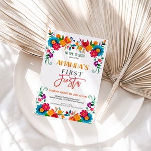 First fiesta invitation template, editable 1st birthday invite, fiesta birthday party invitation, colorful floral mexican invite, P14