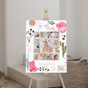 First year photo collage template, pink west birthday poster, my first rodeo poster, editable cowgirl 1st year photo collage, P112