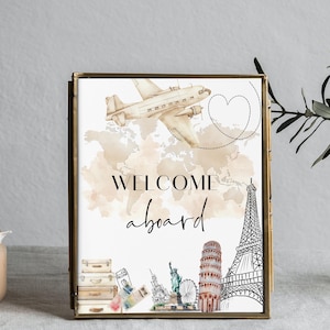 Welcome aboard sign template, adventure awaits sign, travel theme party table sign, editable custom sign, printable table decoration P129