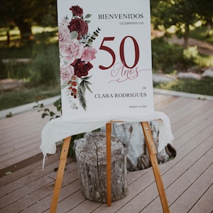 Bienvenidos celebracion del 50 anos, birthday party poster in Spanish, editable floral welcome sign template, poster de bienvenidos, P1