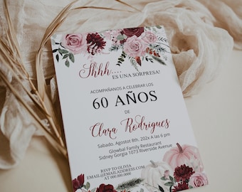 Fiesta sorpresa 60 años cumpleaños, invitación de 60 Años, spanish birthday invite template, editable burgundy flowers invite, any age, P1