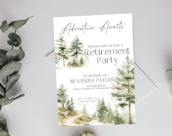 Adventure awaits retirement party, woodland retirement party invitation, retirement invite template, editable forest retirement party, P276