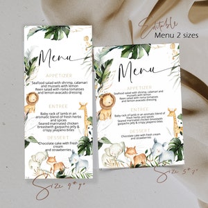 Jungle safari menu, wild animals menu, safari menu, editable greenery menu template, birthday menu, printable menu card, dinner menu, P103