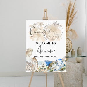 Greece themed birthday welcome sign template, santorini birthday, editable welcome sign, world map poster, adventure party decor, P274