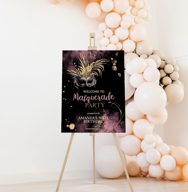 Masquerade Party Welcome Poster, Birthday Welcome Sign Template ...