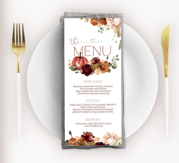 Floral pumpkin menu card, thanksgiving party menu card template, fall dinner menu, editable pumpkin menu, printable menu card, P163