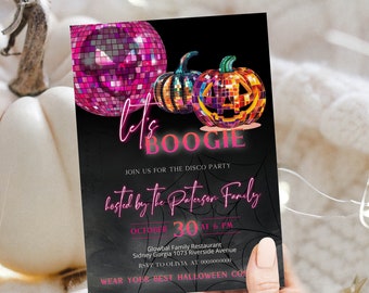 Let's Boogie disco party invite, spooky disco party invitation template, pumpkins invite, dance party, editable halloween invite, P155
