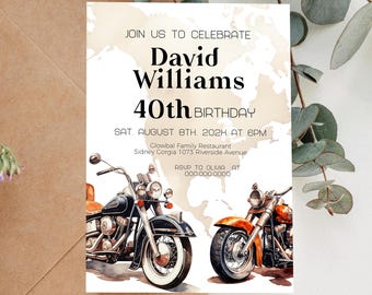 Motorcycle birthday invitation template, bike theme party invite, biker birthday party invite, editable 40th birthday invite, any age, P231