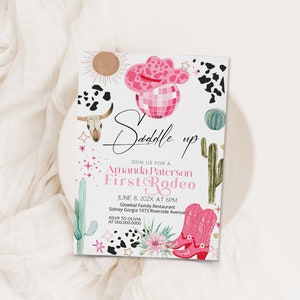 Cowgirl first rodeo birthday invitation template, space cowgir birthday invite, editable birthday invite, pink cowgirl party invite, P112