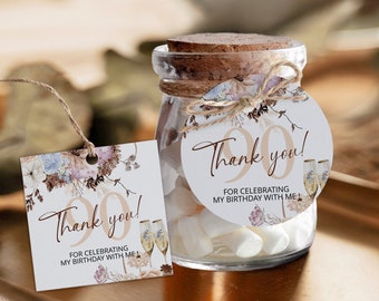 Pampas grass thank you tag, boho 90th birthday favor tag, bohemian any age birthday favor tags, editable party favor, printable tag label P3