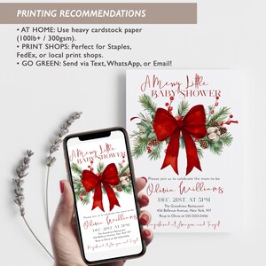 Peut inclure: Un mod&egrave;le d'invitation num&eacute;rique pour baby shower avec un n&oelig;ud rouge, des branches de pin et des baies. Le texte indique A Merry Little Baby Shower, Olivia Williams, Dec. 21st at 5pm, The Grandview Restaurant, 456 Bellevue Avenue, New York, NY, RSVP to Olivia at 021.000.0456.