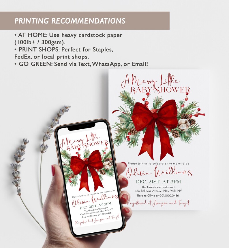 Peut inclure: Un mod&egrave;le d'invitation num&eacute;rique pour baby shower avec un n&oelig;ud rouge, des branches de pin et des baies. Le texte indique A Merry Little Baby Shower, Olivia Williams, Dec. 21st at 5pm, The Grandview Restaurant, 456 Bellevue Avenue, New York, NY, RSVP to Olivia at 021.000.0456.