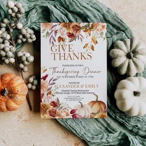Thanksgiving dinner invitation template, pumpkin party invite, give thanks invite, editable thanksgiving invite, autumn floral invite, P137
