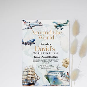 Around the world birthday invite, travel birthday invitation template, editable birthday invite, world map, adventure birthday party, P282
