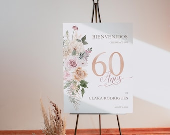 Bienvenida De Cumpleaños En Español, Blush Flowers Birthday Party Welcome Sign in Spanish, Corjl Editable Template, P303