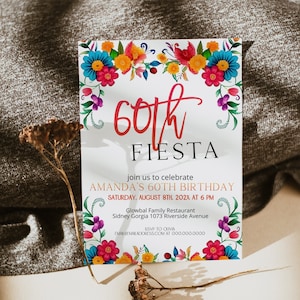 Fiesta 60th birthday invite template, fiesta party invite, сolorful floral mexican theme invitation, editable birthday party invite, P14