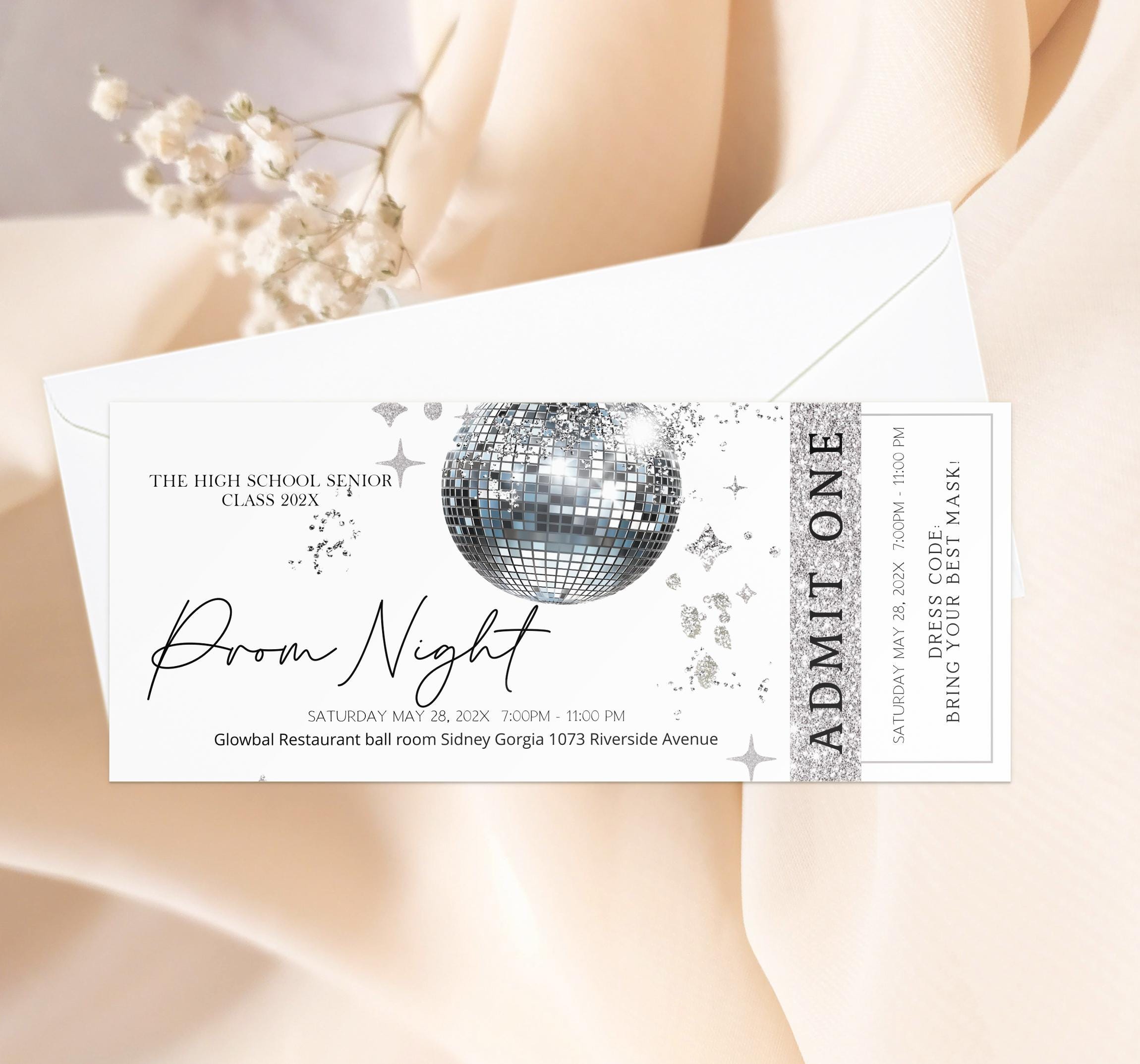 Silver Disco Prom Night Tickets, Disco Ball Ticket, Disco Prom Party ...