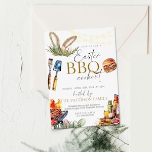May include: An invitation to an Easter BBQ cookout hosted by the Paterson family. The invitation features a watercolor illustration of a grill, a hamburger, and a bunny rabbit. The event will be held on Sunday, April 5th at 6 PM at the Glowbal Restaurant ball room in Sidney Gorgia. RSVP to Olivia at 0000000000.