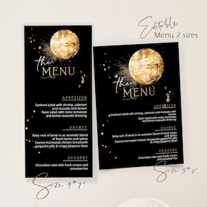 Disco ball menu card template, disco menu, birthday celebration menu card, editable menu card, dinner menu, black gold menu card, P47