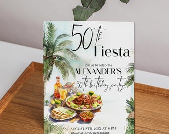 Lets Fiesta Birthday Invitation, Tropical Palm Tree Party, Editable 50th Birthday Invite Template, P268